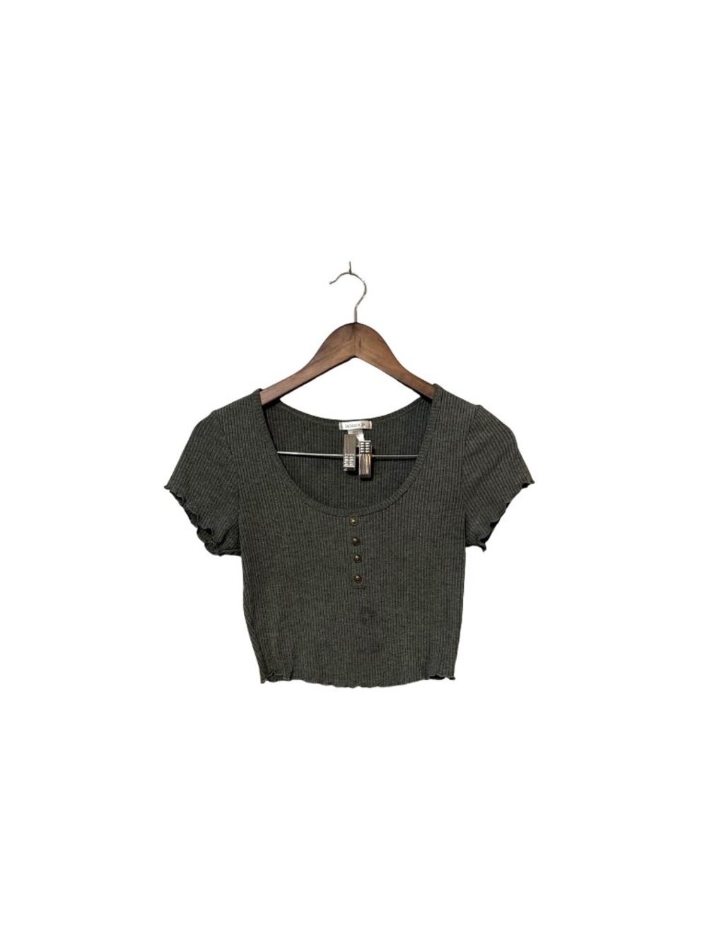 Bozzolo Womens Ribbed Scoop Neck Button Detail Crop Top‎ Small Green